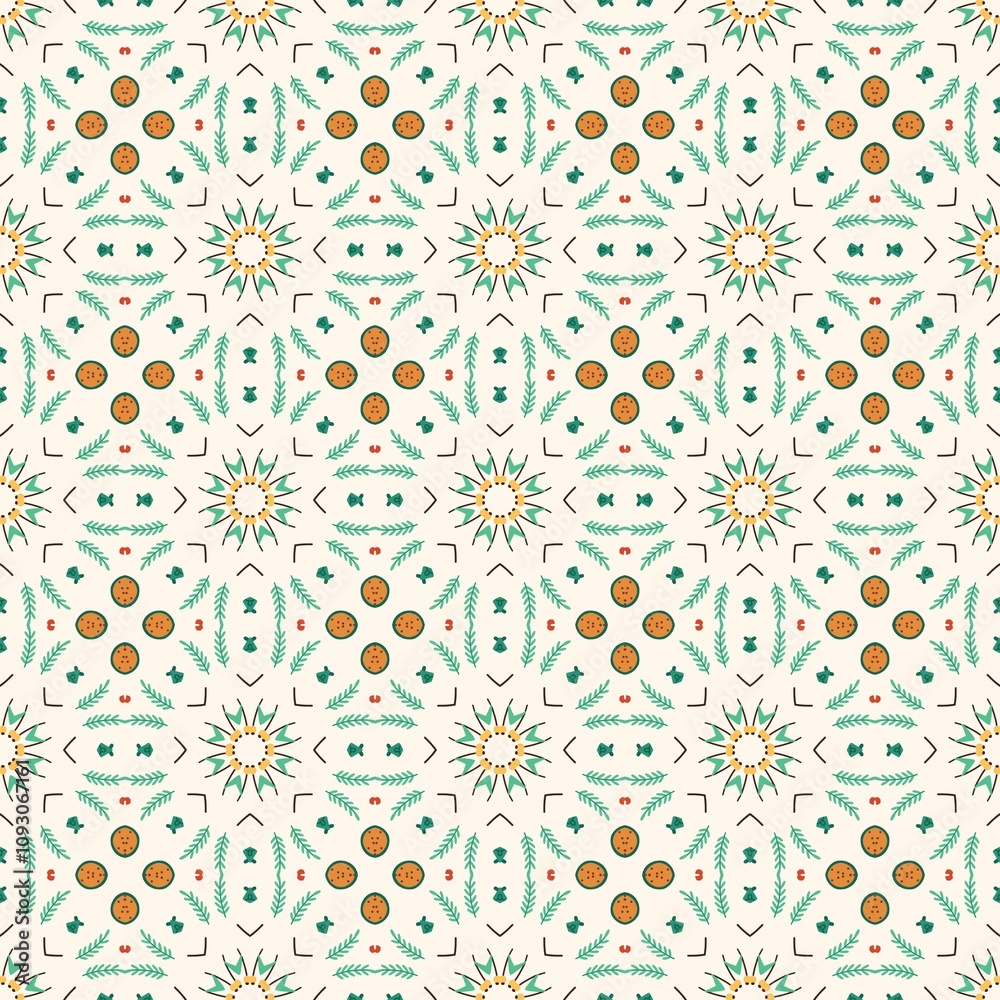Geometric floral pattern with orange and green motifs. Geometric floral pattern with orange and green motifs.