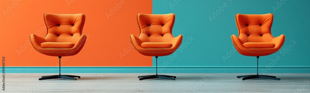 Orange chairs are sitting in front of a blue wall Orange chairs are sitting in front of a blue wall