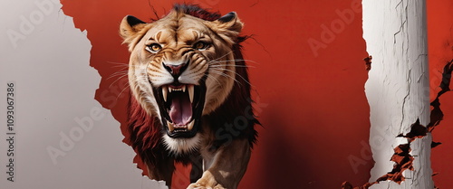 A roaring lion bursting through a cracked red wall, with a furious expression on its face and sharp teeth