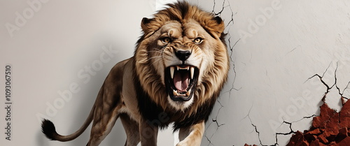 A roaring lion bursting through a cracked white wall, with a furious expression on its face and sharp teeth