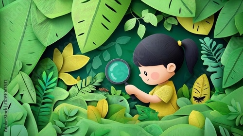 Playful paper cut style of a young student using a magnifying glass to closely examine an array of leaves bugs and other natural elements within a lush layered forest environment