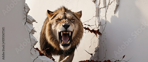 A roaring lion bursting through a cracked white wall, with a furious expression on its face and sharp teeth