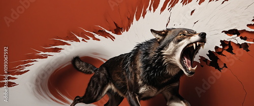 A roaring wolf bursting through a cracked red and white wall, with a furious expression on its face and sharp teeth
