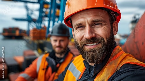 Port Engineer Overseeing Crane Operators and Logistics at Bustling Shipping Container Yard with Cranes and Containers in the Background