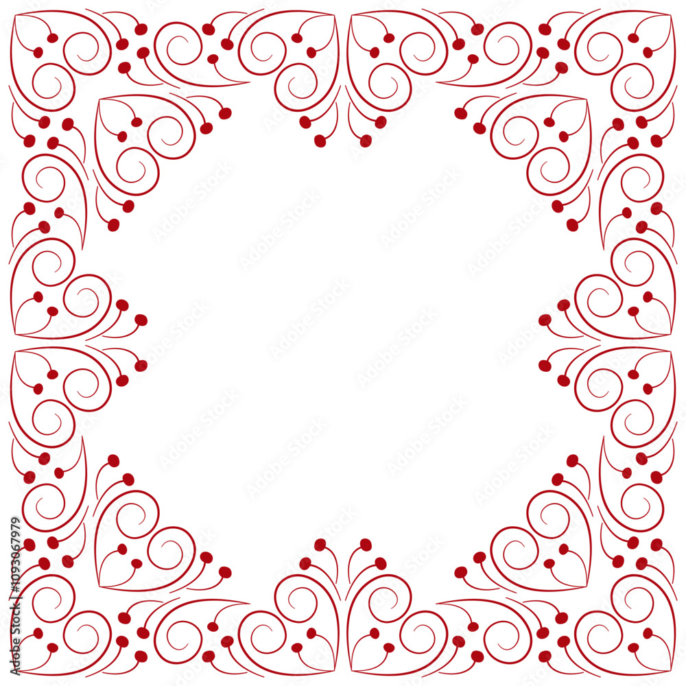 Square frame of curved lines and dots. Red curls on a white background. Stylized branches with berries. Fantasy geometric decor. Ethnic nordic style. Monochrome red decor for clothes, home, etc. Square frame of curved lines and dots. Red curls on a white background. Stylized branches with berries. Fantasy geometric decor. Ethnic nordic style. Monochrome red decor for clothes, home, etc.