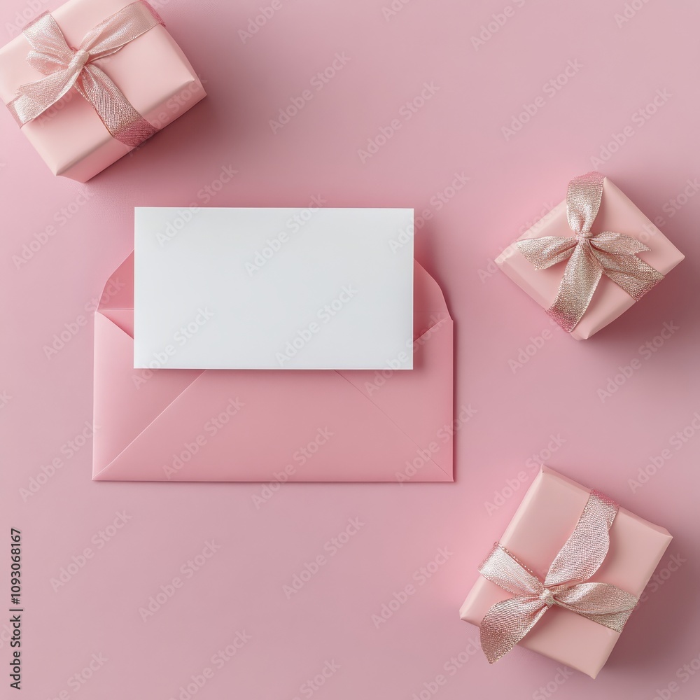 Thoughtful gift arrangement with blank card on pink background for special occasions Thoughtful gift arrangement with blank card on pink background for special occasions