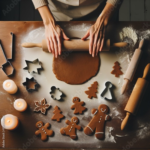 A person rolls out gingerbread dough surrounded by cookie cutters in festive shapes, baked gingerbread figures, candles, and flour. A warm and joyful holiday baking setup photo