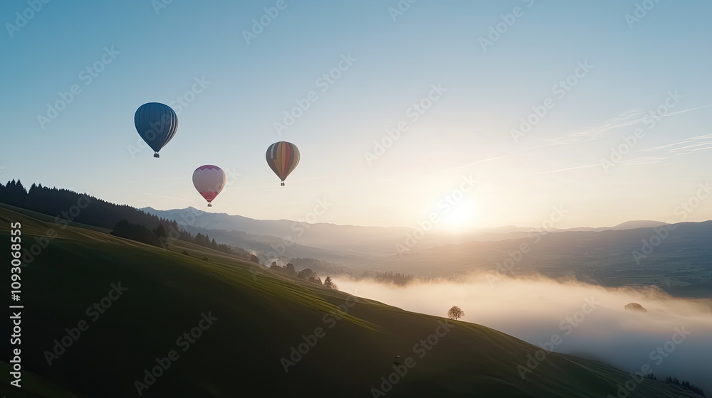 Fototapeta premium Hot air balloons float over misty hills at sunrise, creating serene scene