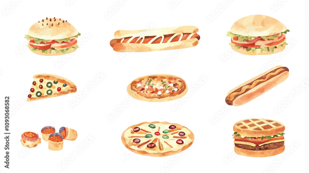 Set of hand drawn vector illustrations of different types of hot dogs. Set of hand drawn vector illustrations of different types of hot dogs.