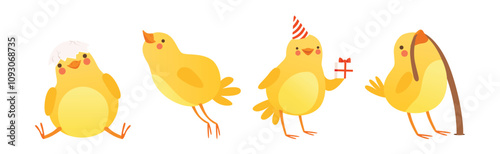 Funny Yellow Chicken Engaged in Different Activity Vector Set