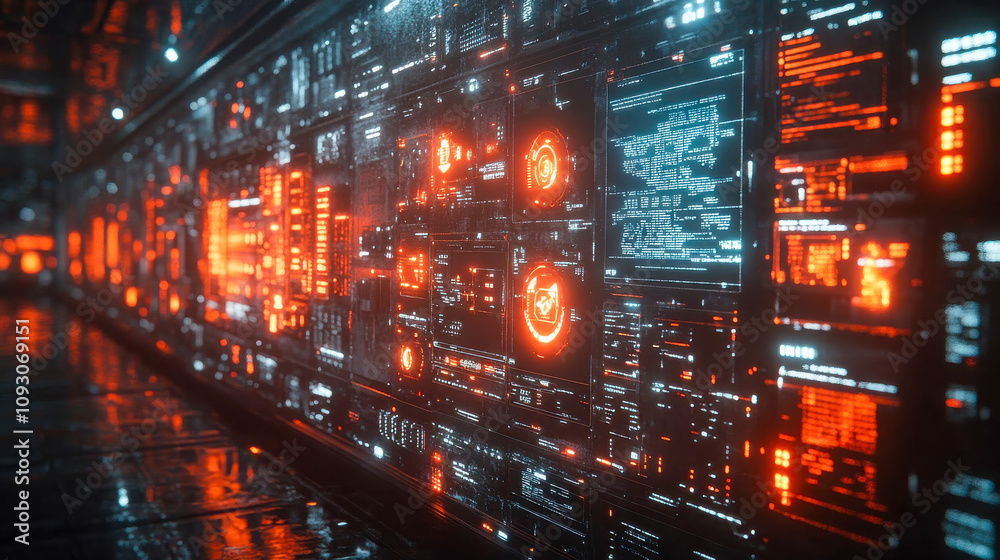 Obraz premium Glowing digital data panels in a futuristic style with vivid orange and red highlights. Ideal for technology, cybersecurity, or sci-fi concepts