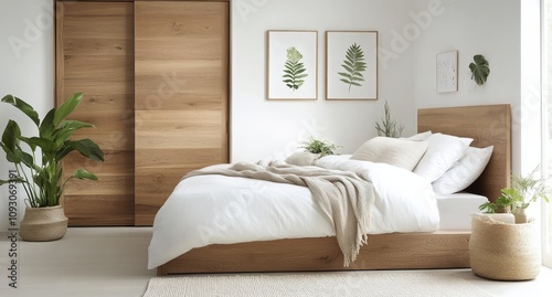 Modern minimalistic bedroom with natural elements and calming decor