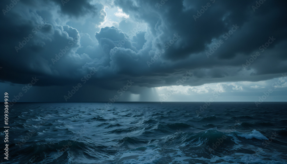 Dramatic ocean scene with dark clouds and stormy waves reflecting a moody atmosphere for Blue Monday concept Dramatic ocean scene with dark clouds and stormy waves reflecting a moody atmosphere for Blue Monday concept