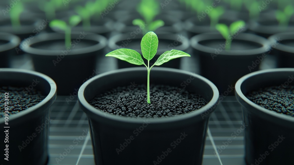 Close-Up View of Young Green Seedling Growing in a Black Plastic Pot Surrounded by Rows of Similar Pots in a Greenhouse Setting Close-Up View of Young Green Seedling Growing in a Black Plastic Pot Surrounded by Rows of Similar Pots in a Greenhouse Setting