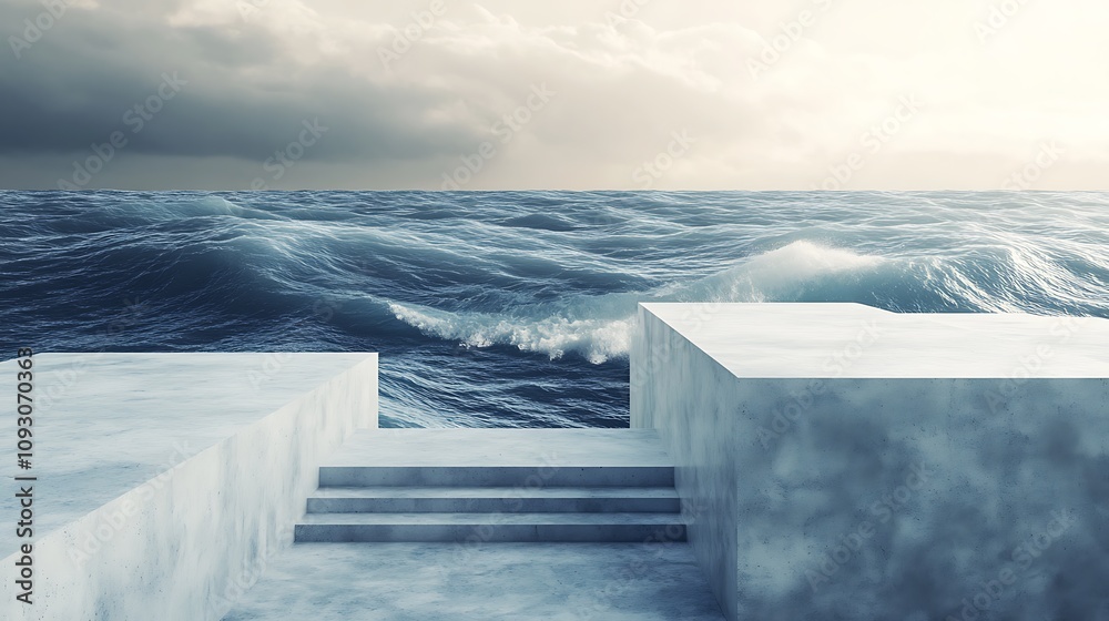 Modern abstract depiction of ocean waves blending into concrete textures artistic scene 3d rendering