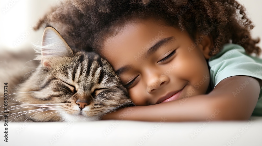 Child hugging a cat with a loving smile in a home setting Child hugging a cat with a loving smile in a home setting