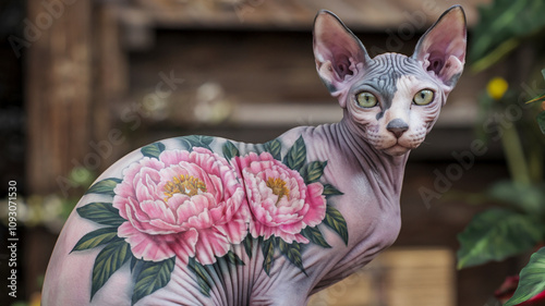 Cute Sphynx Cat Posing with Floral Body Art