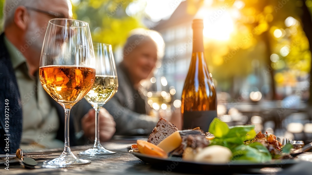 Group of older friends enjoying a picnic in a serene park setting Group of older friends enjoying a picnic in a serene park setting