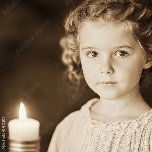 Portrait of a pensive young girl with freckles, holding a candle.