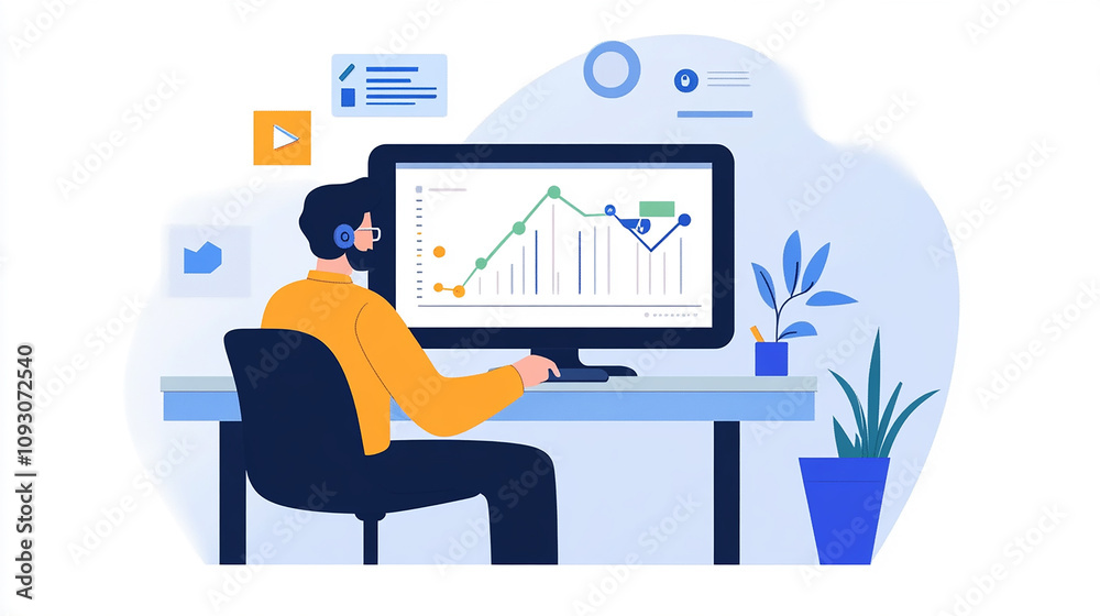 The manager shares a detailed growth graph during a video conference to discuss future expansion plans. The manager shares a detailed growth graph during a video conference to discuss future expansion plans.