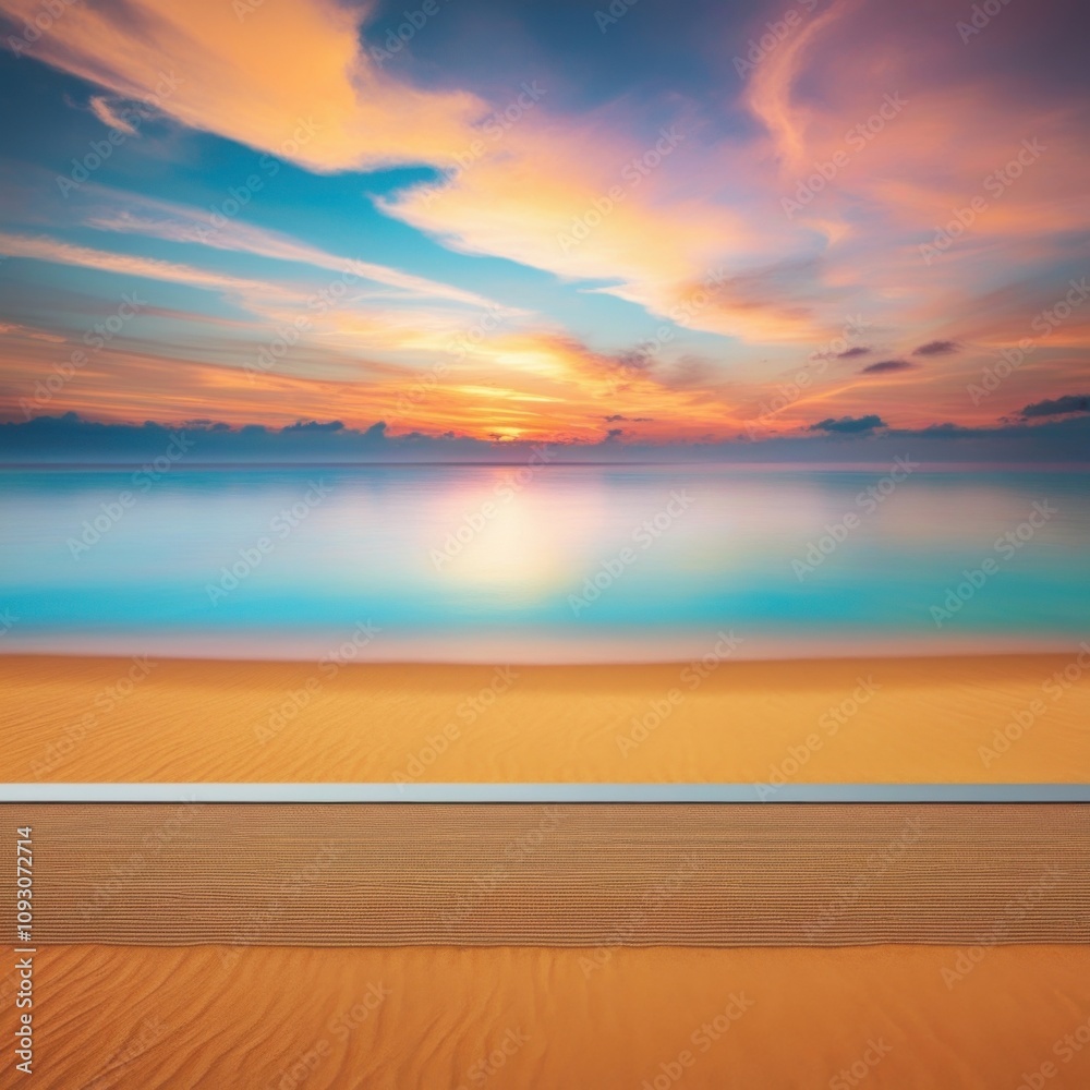 Tranquil beach sunset with dramatic clouds and rippled sand patterns – a serene coastal scene showcasing a vibrant horizon and footprints leading toward the ocean