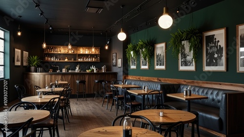 Stylish dark wood bar and restaurant interior with green wall, pendant lights, and vintage art.