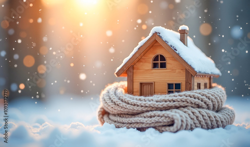 the model of a wooden house snowfall in winter is wrapped in a warm scarf photo