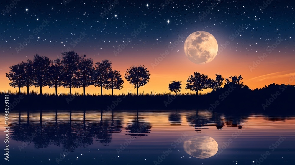 Serene and tranquil night landscape with a full moon casting a soft ethereal glow over a calm lake reflecting the surrounding silhouetted trees and creating a peaceful atmospheric scene Serene and tranquil night landscape with a full moon casting a soft ethereal glow over a calm lake reflecting the surrounding silhouetted trees and creating a peaceful atmospheric scene