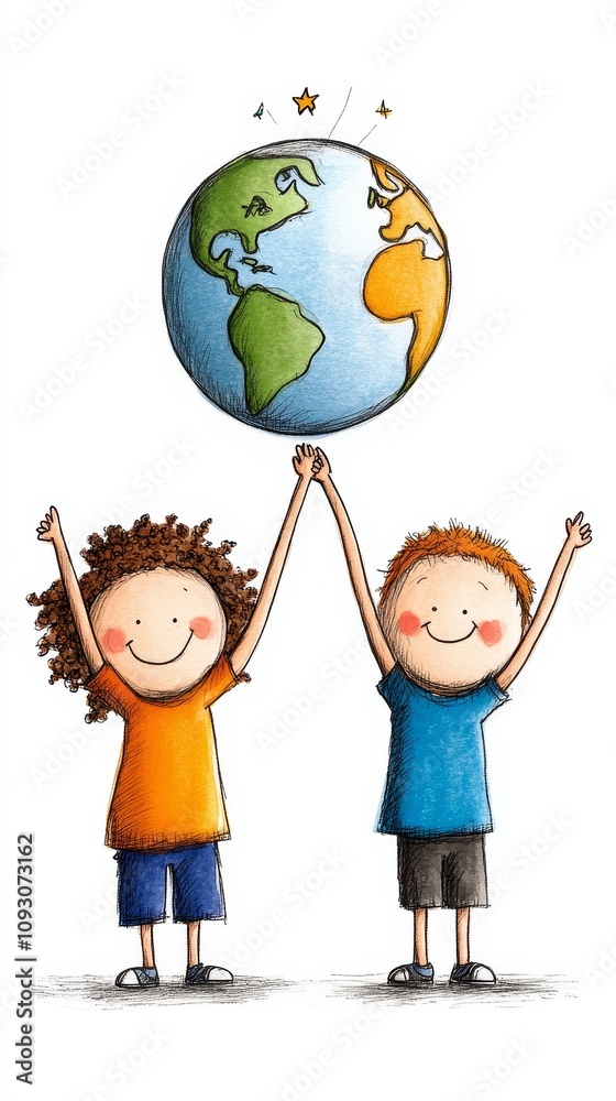 Fototapeta premium Happy Kids Holding Earth Globe Teamwork Friendship Global Unity Childhood