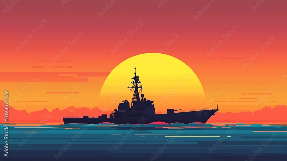 Silhouetted Navy Ship or Vessel Sailing into Vibrant Sunset Seascape with Simple Ocean Textures and Horizon Flat Design Minimalist Nautical Silhouetted Navy Ship or Vessel Sailing into Vibrant Sunset Seascape with Simple Ocean Textures and Horizon Flat Design Minimalist Nautical