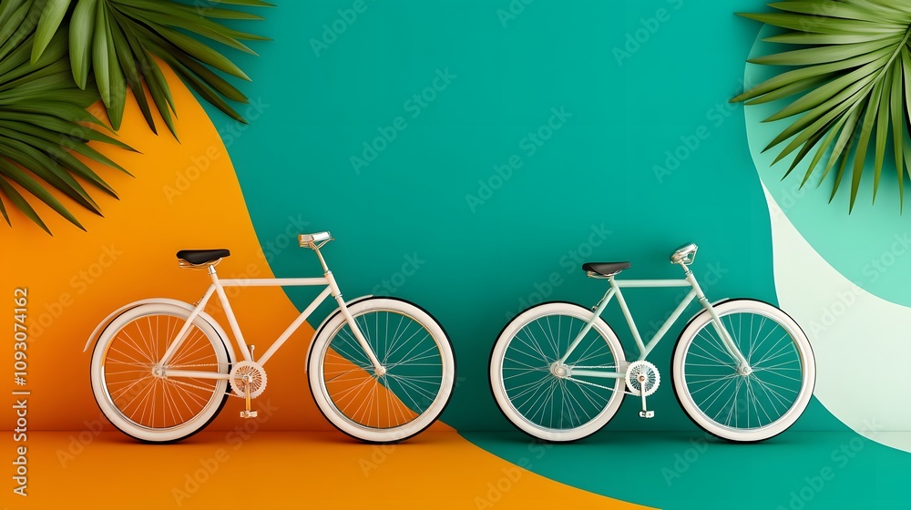Fototapeta premium Vibrant city street scene with 90s-inspired graffiti and retro bicycles