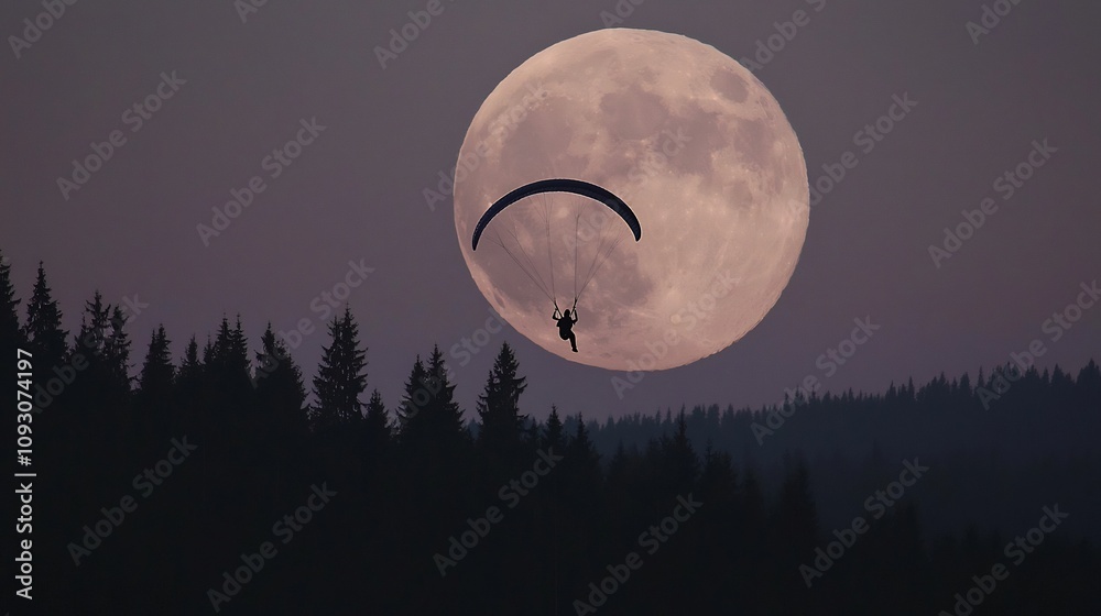 Silhouetted Paraglider Soaring Effortlessly Against the Backdrop of a Large Luminous Moonlit Forest Landscape Capturing the Sense of Freedom and Adventure in the Serene Night Sky Silhouetted Paraglider Soaring Effortlessly Against the Backdrop of a Large Luminous Moonlit Forest Landscape Capturing the Sense of Freedom and Adventure in the Serene Night Sky
