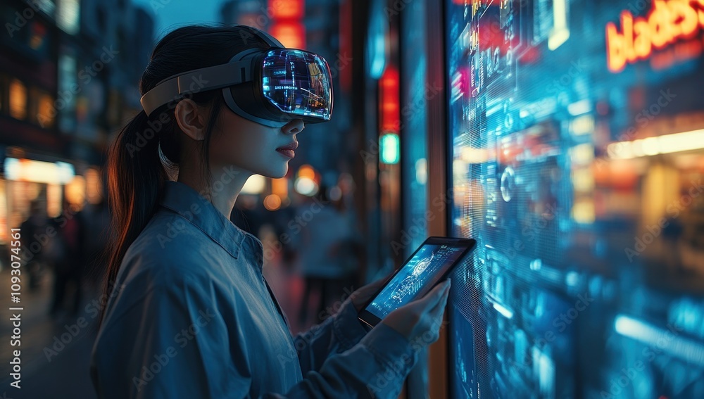 Woman Wearing VR Headset Interacting with Digital Interface in a City Street Woman Wearing VR Headset Interacting with Digital Interface in a City Street
