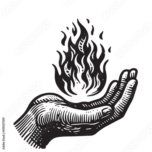 Fire vector silhouette hand drawn style. Fire silhouette black and white. Fire logo, icon.