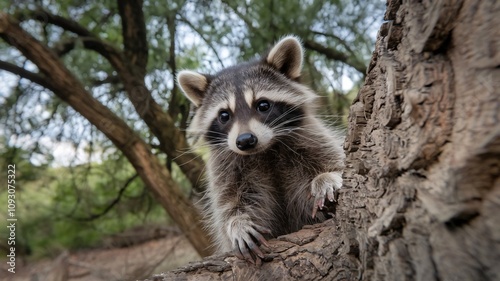 Curious Raccoon Peeking Behind Tree in Woodland Setting