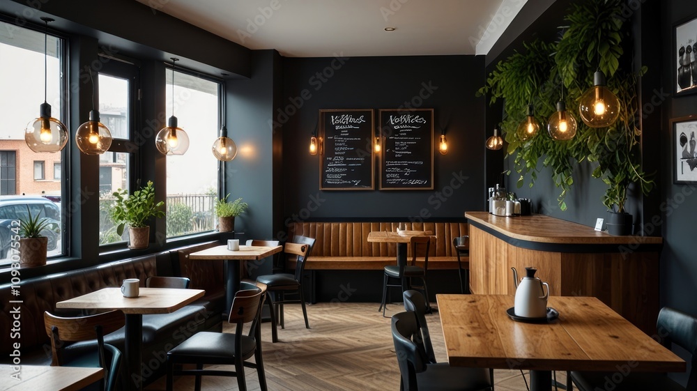 custom made wallpaper toronto digitalHere's a response in the requested format.. Modern cafe interior with dark walls, wooden tables, and pendant lights.
