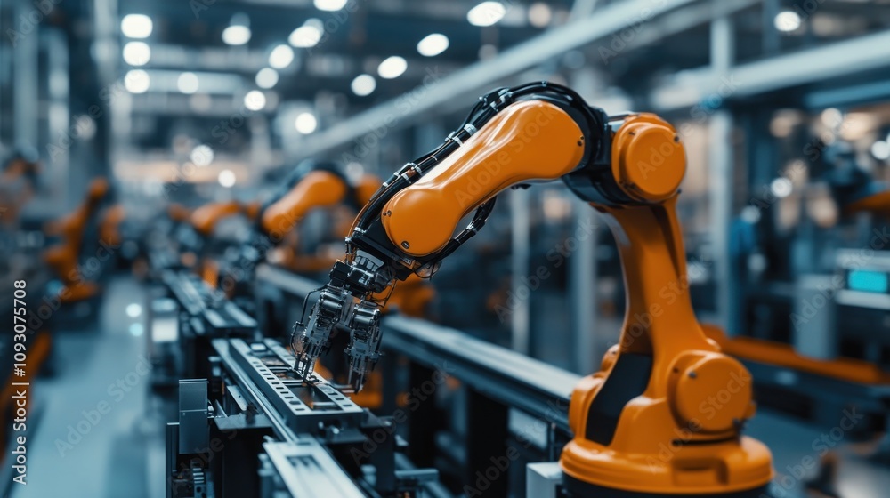 Industrial Robot Arm in a Factory Setting Industrial Robot Arm in a Factory Setting