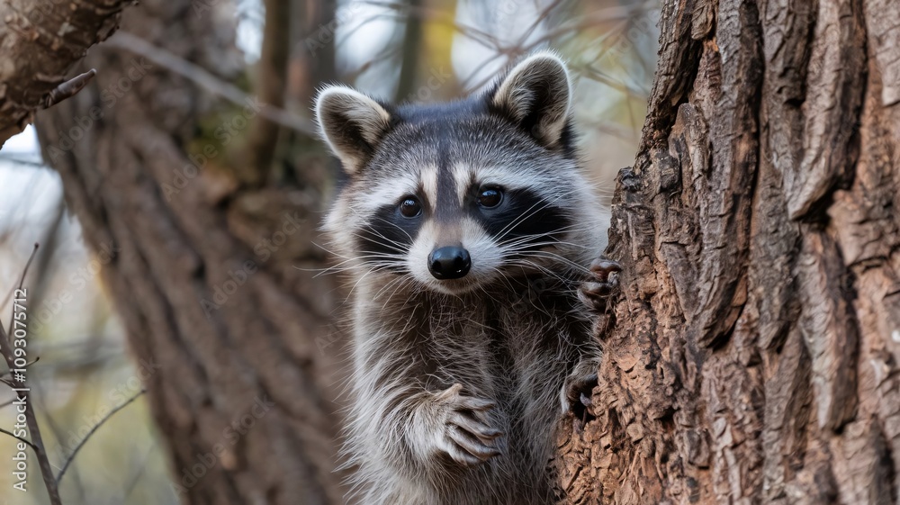 Fototapeta premium Curious Raccoon Peeking Behind Tree in Woodland Setting