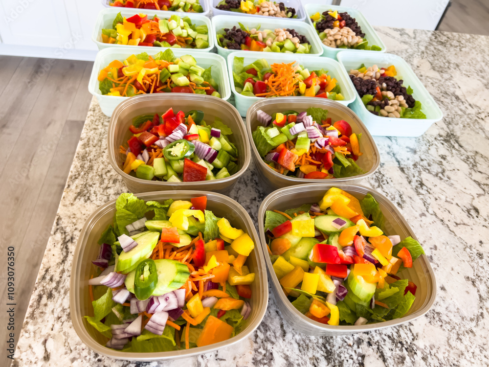 Meal Prep with Colorful Salads in Containers Meal Prep with Colorful Salads in Containers