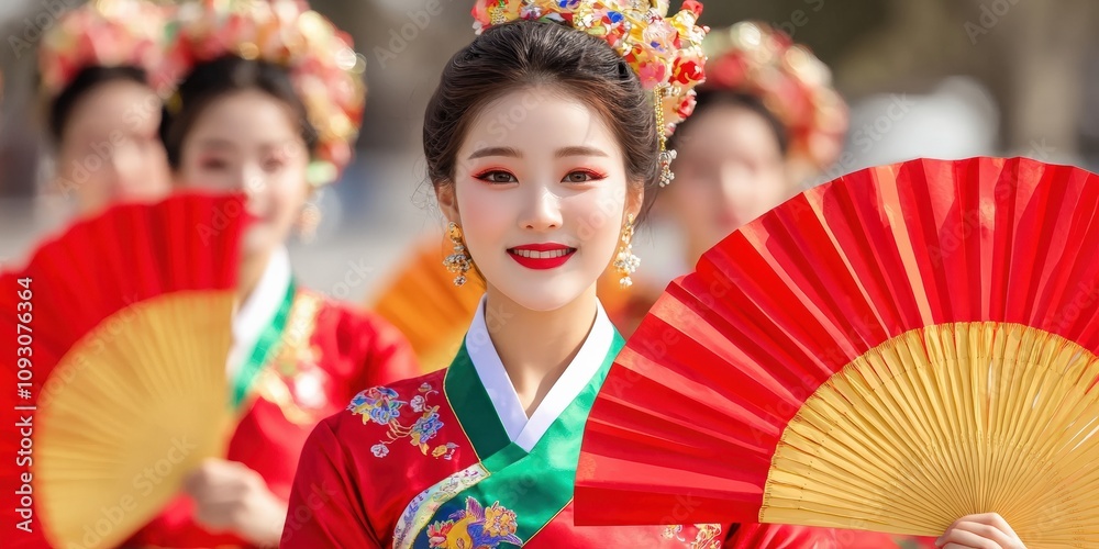 A vibrant parade featuring women in traditional attire, holding red fans, celebrating cultural heritage with joyful expressions. A vibrant parade featuring women in traditional attire, holding red fans, celebrating cultural heritage with joyful expressions.