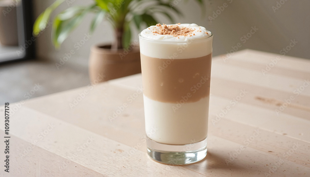 Coconut latte in a tall glass with layered creamy texture, set on a wooden table in a cozy atmosphere
