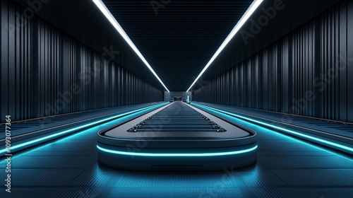 conveyor belt  Airport. A futuristic corridor illuminated by neon lights, featuring a central platform and sleek metallic walls, creating a sci-fi ambiance.