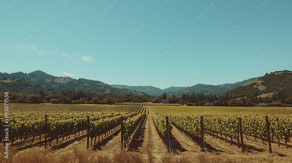 Fototapeta premium Stunning scenic view of a picturesque vineyard landscape with rows of lush green grapevines stretching into the distance under a clear blue sunny sky