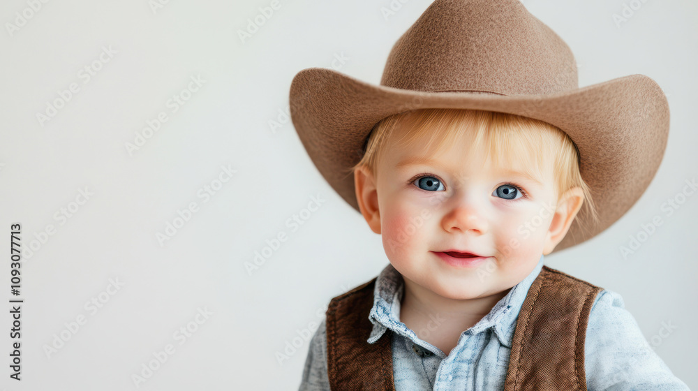Toddler dressed in a cowboy costume with a big hat smiling indoors. Generative AI Toddler dressed in a cowboy costume with a big hat smiling indoors. Generative AI