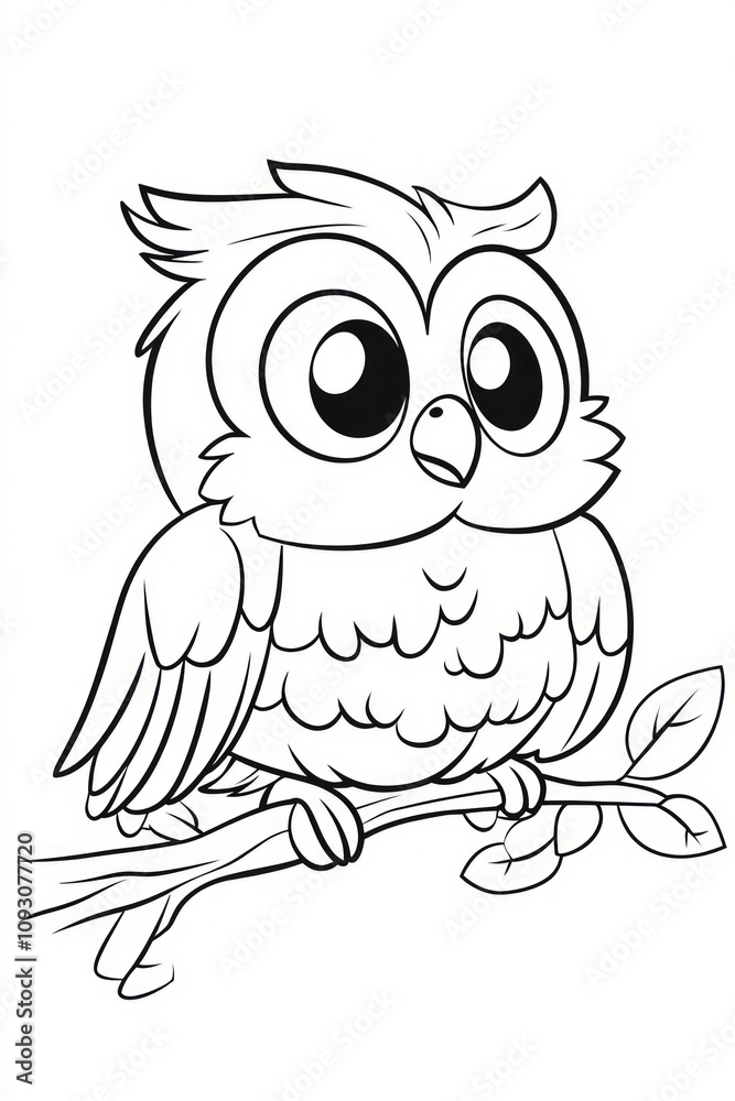 A delightful cartoon owl sits on a branch with wide eyes and a fluffy body, surrounded by leaves, perfect for creative coloring enjoyment at any time A delightful cartoon owl sits on a branch with wide eyes and a fluffy body, surrounded by leaves, perfect for creative coloring enjoyment at any time