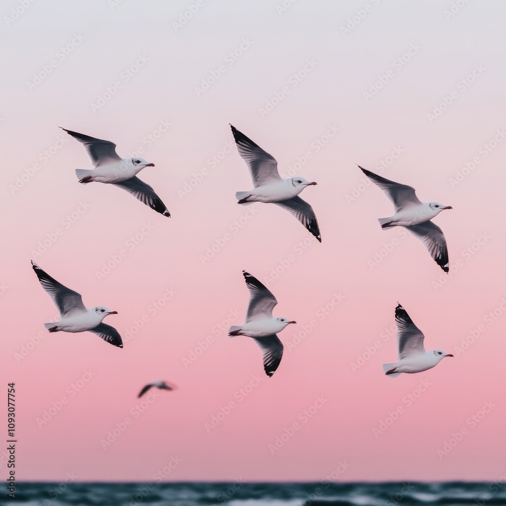 Obraz premium Six seagulls in flight against a pink sunset sky over ocean waves.
