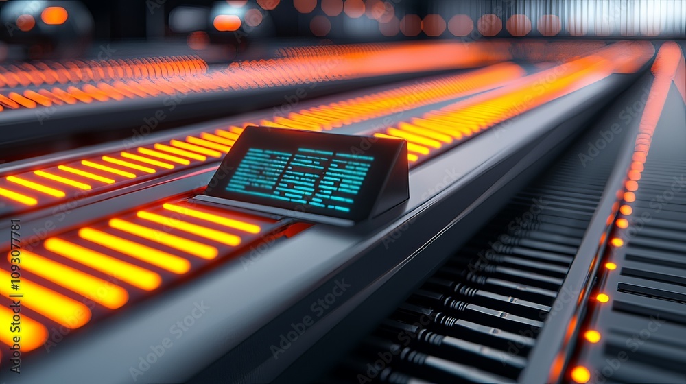 conveyor belt Airport. A close-up view of a conveyor system with glowing orange lights and a digital display, showcasing modern technology in motion. conveyor belt Airport. A close-up view of a conveyor system with glowing orange lights and a digital display, showcasing modern technology in motion.