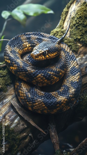 Colorful snake resting on a moss-covered log in a lush forest setting surrounded by greenery