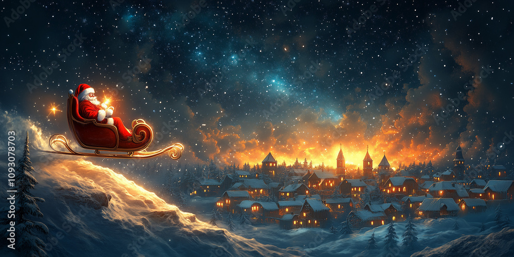 Obraz premium Santa riding his sleigh through a starry night sky over a snowy village, banner, background