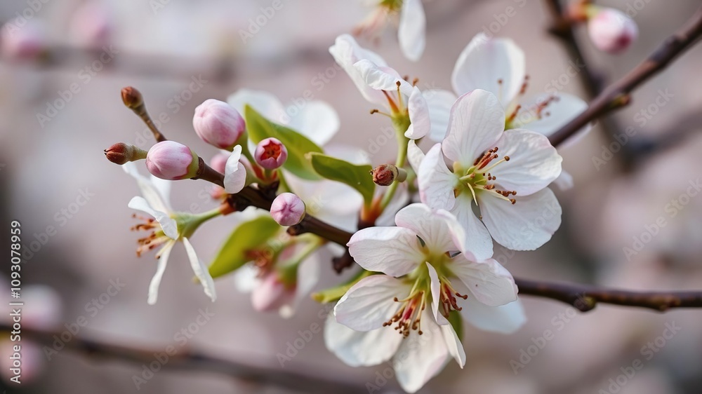 Close-up of intricate details on an apple blossom branch, stamens, flower details, delicate texture Close-up of intricate details on an apple blossom branch, stamens, flower details, delicate texture